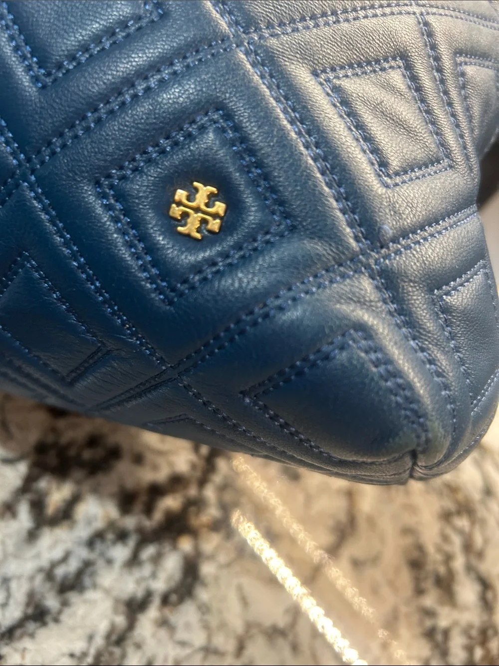 Tory Burch Quilted Navy Leather Tote with Gold Chain Handles GUC